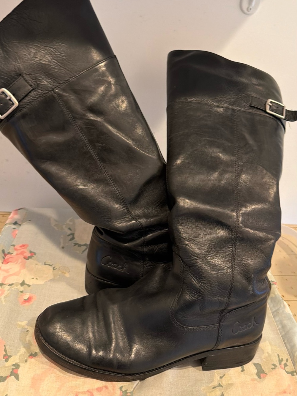 Coach Black Leather Knee-High Riding Boots with Buckle Detail